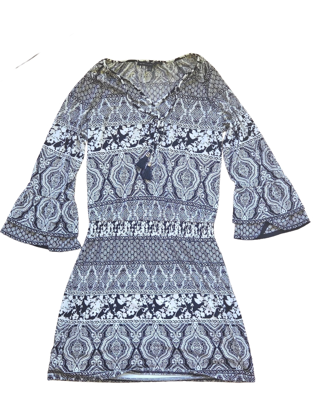 Boho Style Black and White Dress Tie Neckline Elastic Drop Waist Bell Sleeves